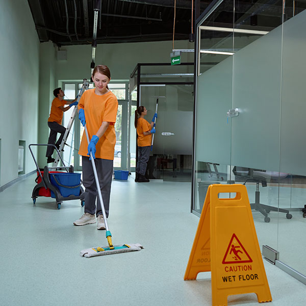 Young woman wiping floor with wet mop near warning sign